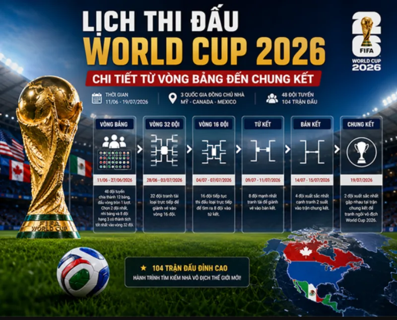 Lịch thi đấu World Cup 2026 gồm vòng bảng, vòng 32 đội, vòng loại trực tiếp và trận chung kết ngày 19/7/2026.