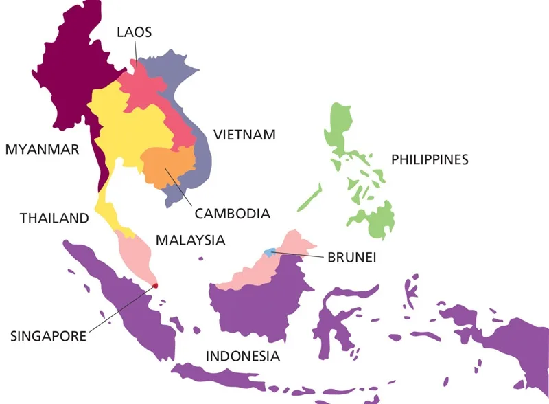 Các quốc gia Đông Nam Á trên bản đồ thế giới.